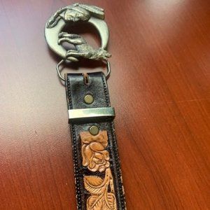 Vintage leather belt with native American head and wolf buckle